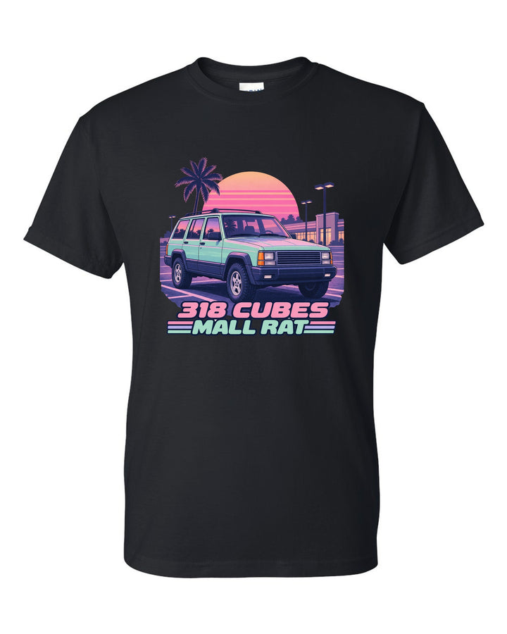 Pastel vaporwave print of a Jeep Grand Cherokee ZJ with 318 Cubes Mall Rat text black t-shirt front view with the design