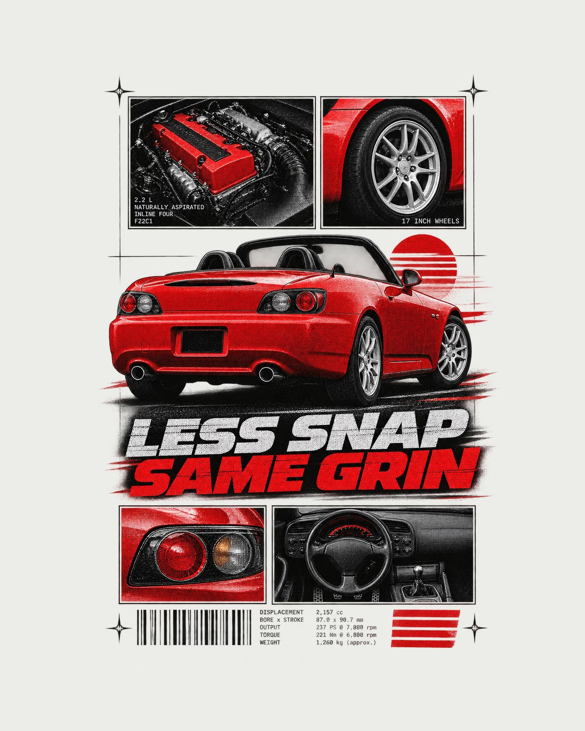 Honda S2000 AP2 Dossier Panels Shirt, 17 Inch Wheels, Same Grin design only