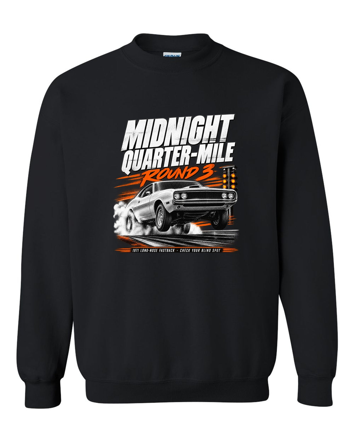 Race poster illustration of a 1971 Ford Mustang long-nose fastback titled midnight quarter-mile black crewneck front view with the design