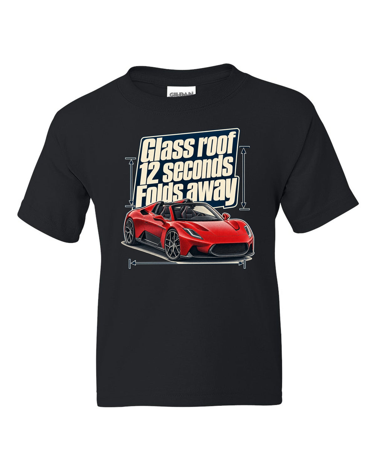 Maserati MC20 Cielo editorial headline print on a shirt black kids tee front view with the design