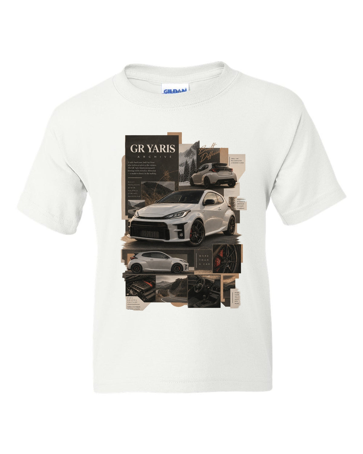 Three-view spec sheet of the Toyota GR Yaris XP210 three-door white kids tee front view with the design
