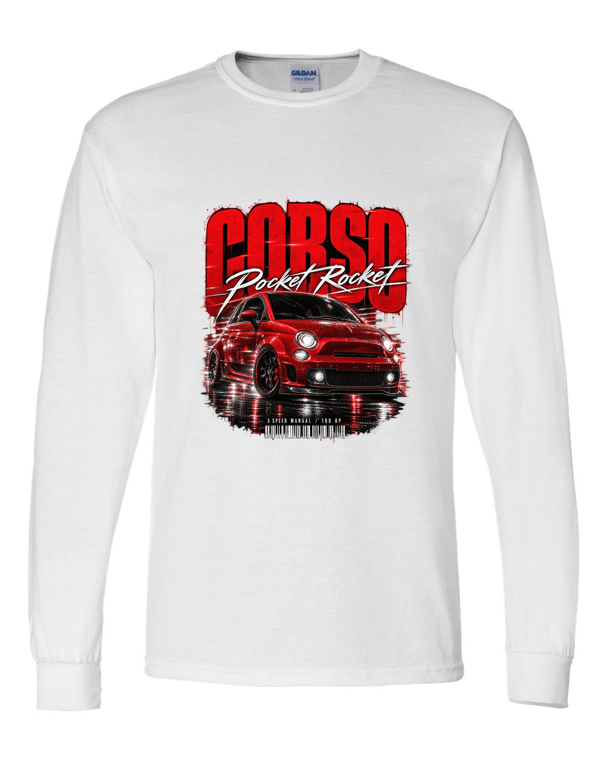 Street poster print of a Fiat 500 Abarth with Corso Pocket Rocket 5 speed manual text white long sleeve front view with the design