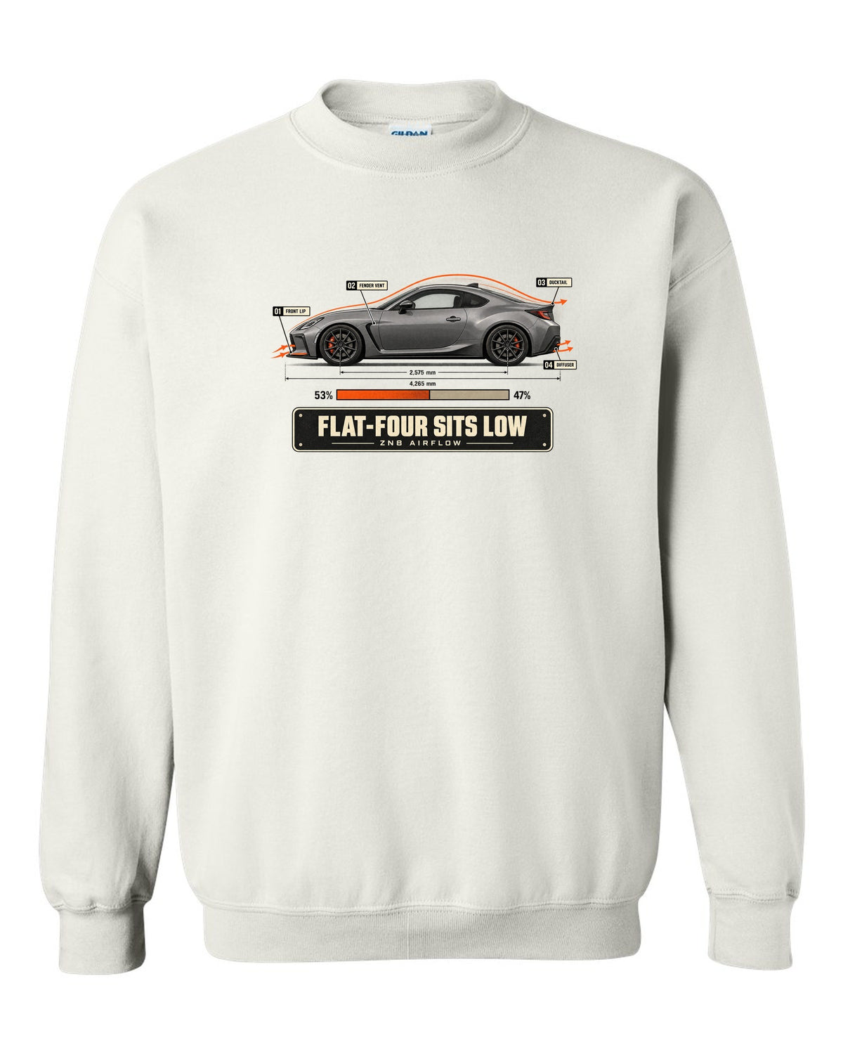 Cutaway-style airflow diagram of a Toyota GR86 ZN8 with callouts, poster-style print white crewneck front view with the design