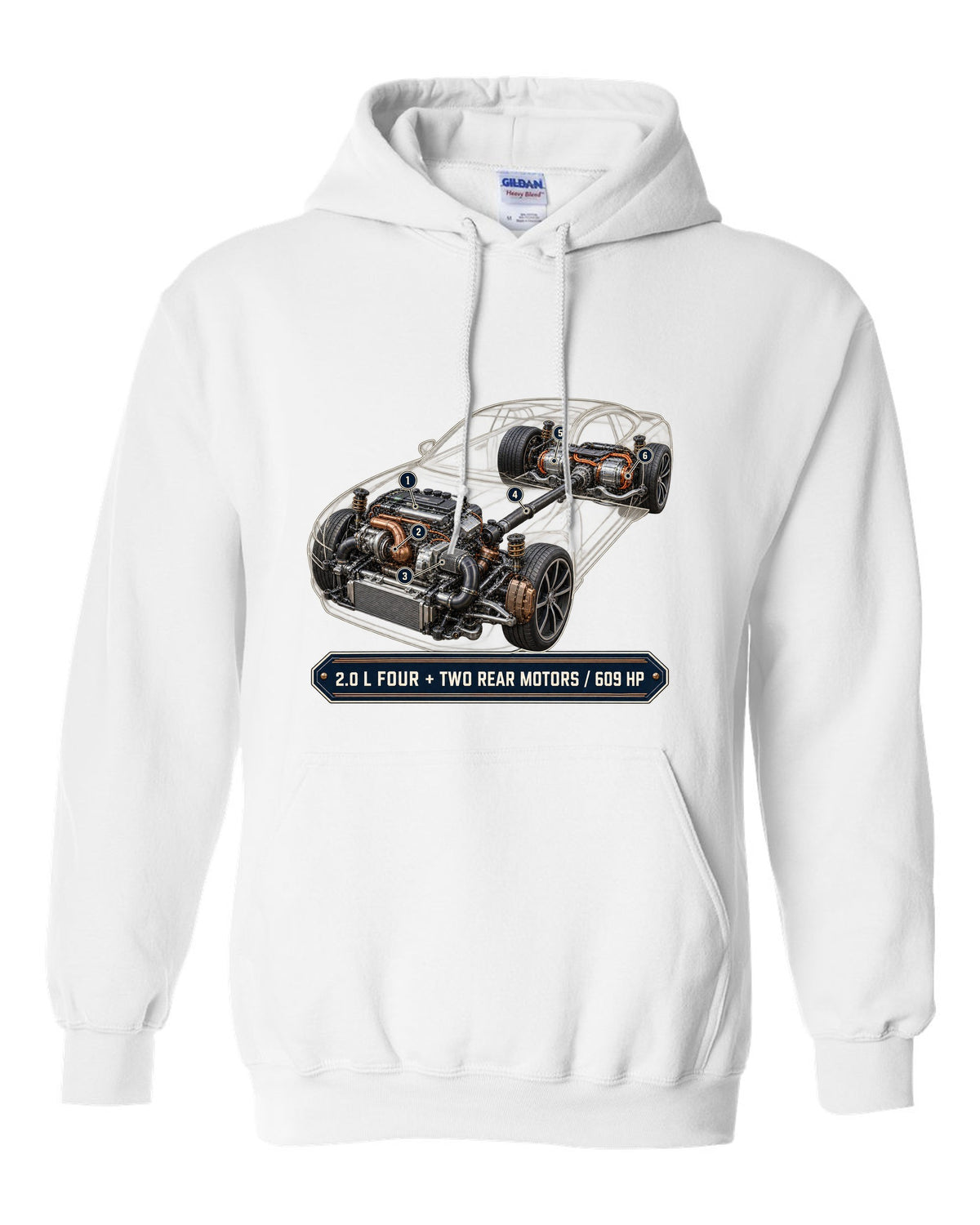 Polestar 1 hybrid drivetrain illustration, engine hero print white pull over hoodie front view with the design