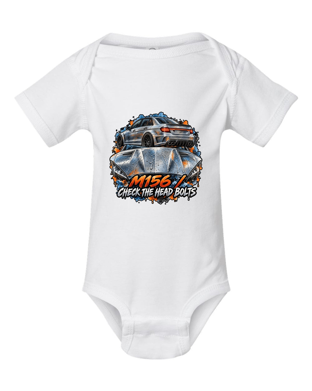 Technical blueprint line art of a cross-drilled brake and Mercedes C63 AMG W204 white baby onesie front view with the design