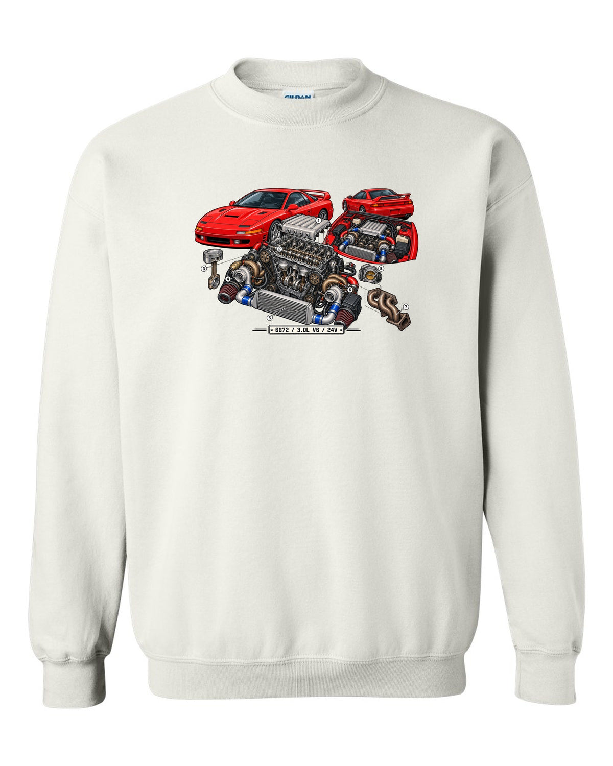 Exploded engine cutaway print of the 6G72 V6 for the Mitsubishi 3000GT VR-4 with 3.0L 24V text white crewneck front view with the design