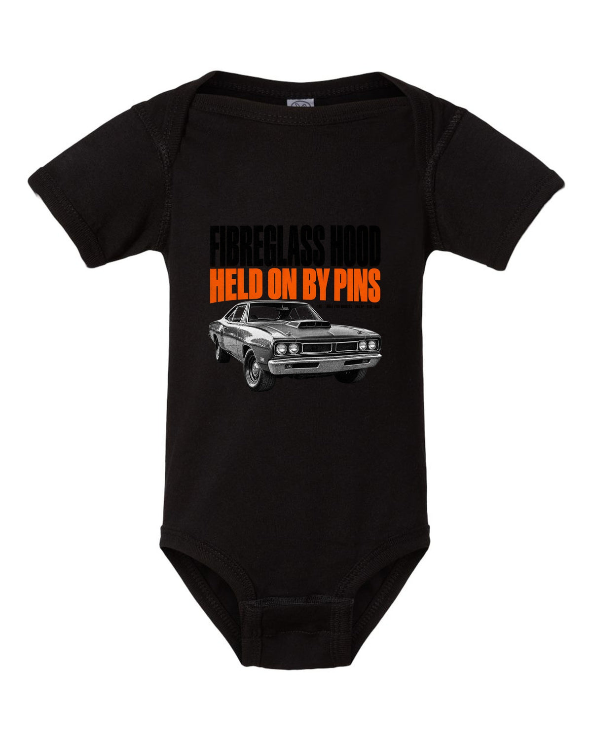 1969 Dodge Coronet Super Bee A12 hood halftone print with fibreglass hood and pins lettering black baby onesie front view with the design