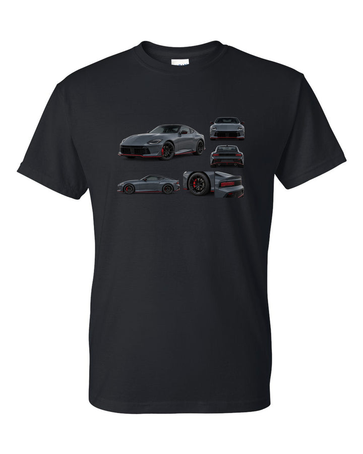 Halftone style print of a 2024 Nissan Z RZ34 Sport with VR30DDTT text black t-shirt front view with the design