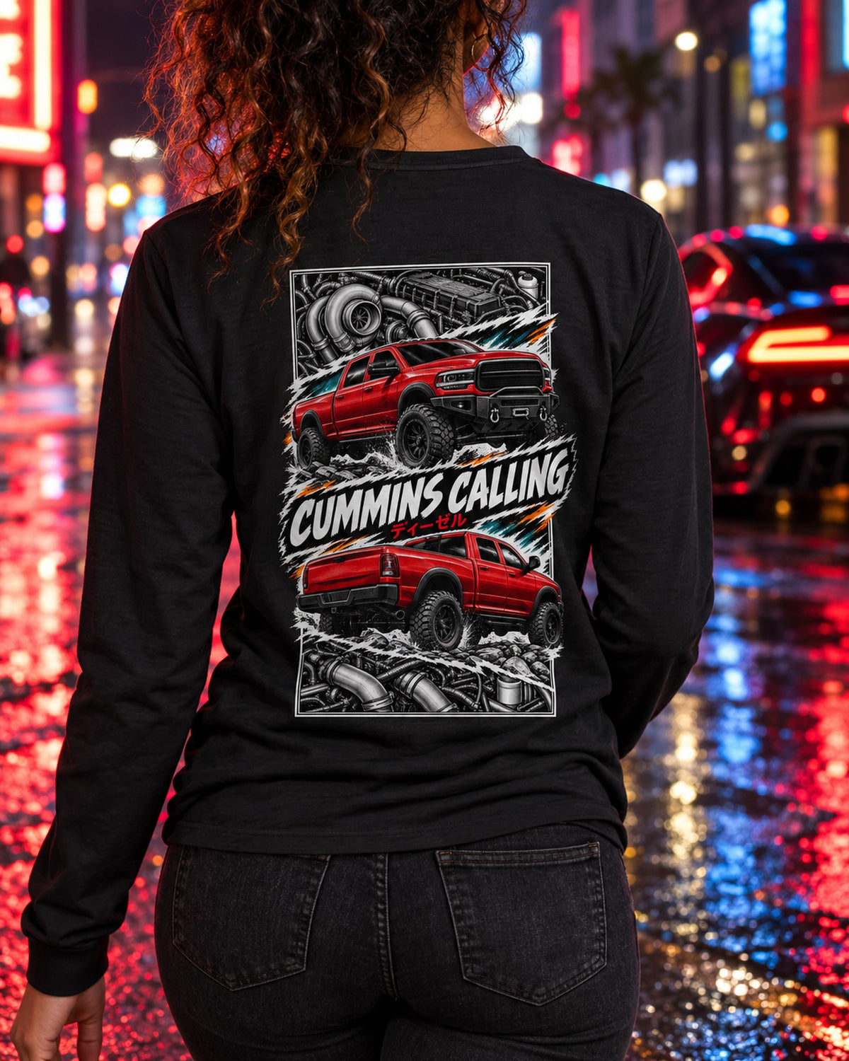RAM Cummins Torn Poster Full-Back Graphic Tee Long Sleeve Black worn hero