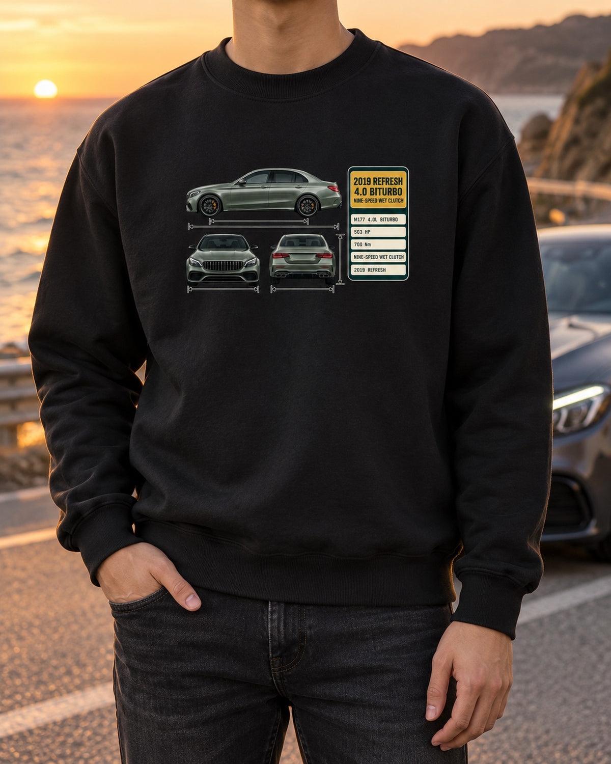 Mercedes-AMG C63 S W205 Facelift Spec Poster Shirt, Car Guy Gift Crewneck Black worn hero