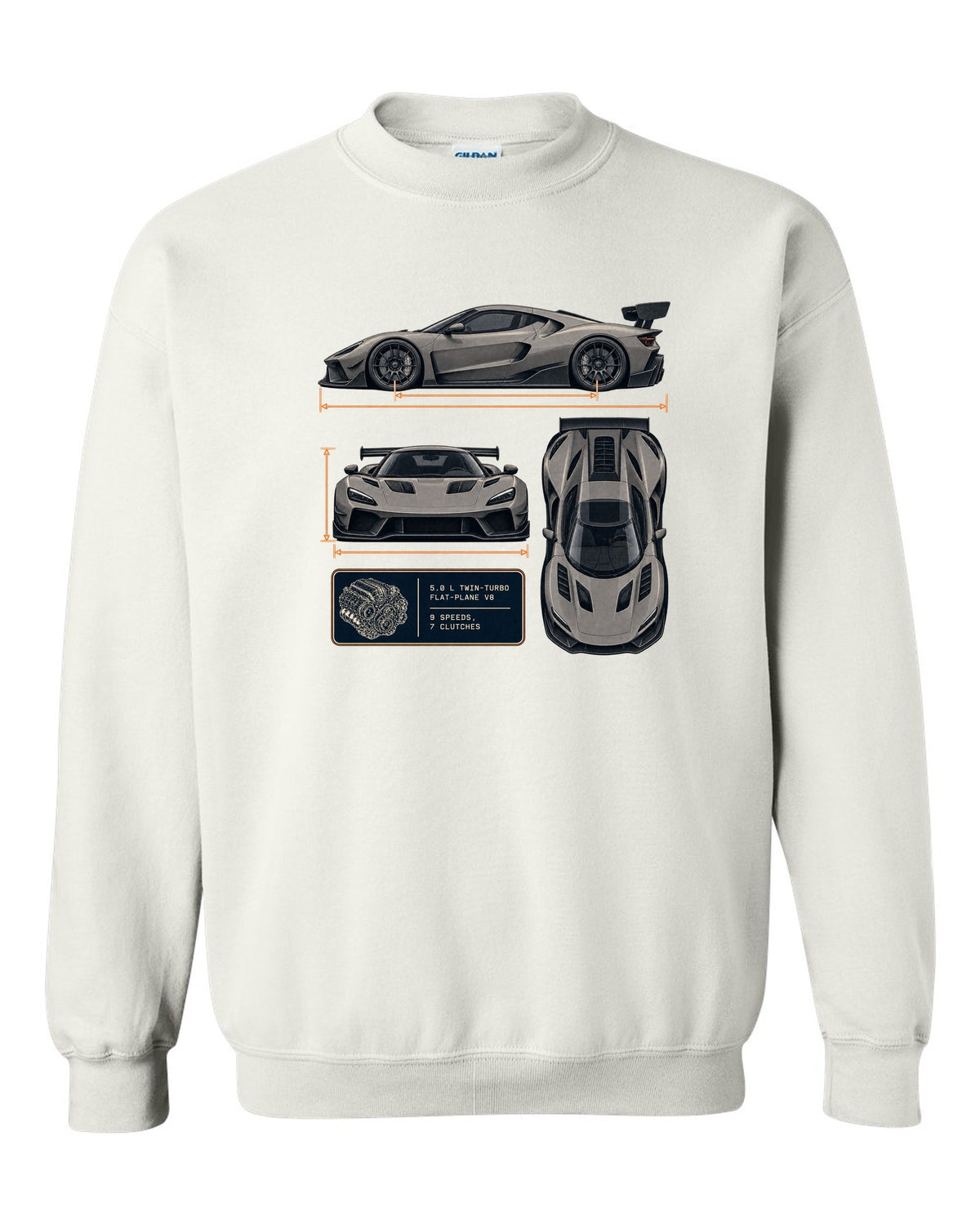 Three-view drawing and spec table of the Koenigsegg Jesko Attack, print white crewneck front view with the design