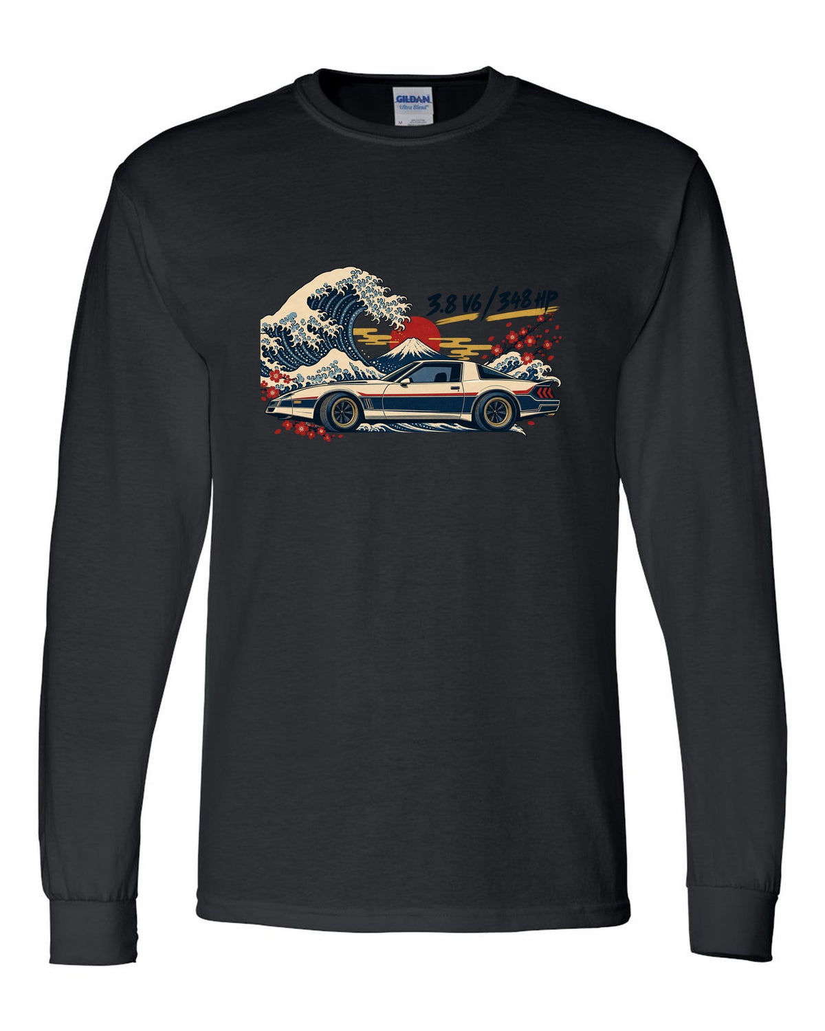 Ukiyo-e woodblock print of a Hyundai Genesis Coupe BK2 with 3.8 V6 348 HP text black long sleeve front view with the design