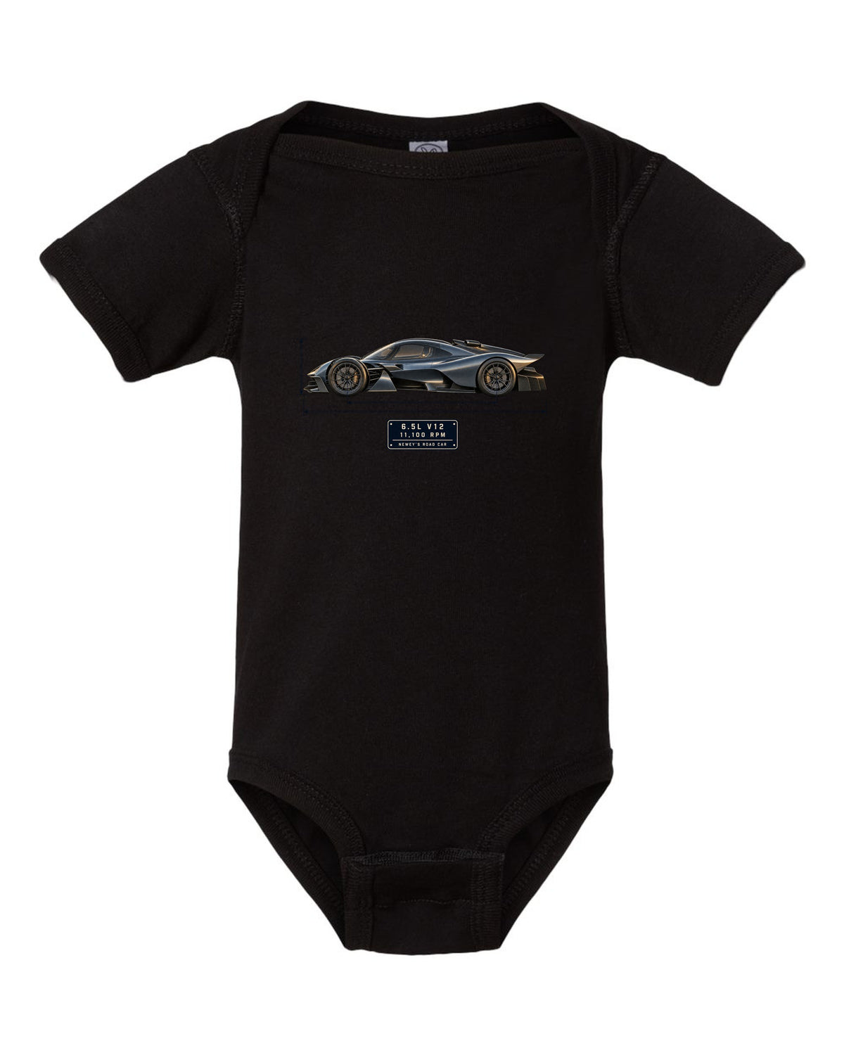 Aston Martin Valkyrie 2021 blueprint print with 6.5L V12 and 11,100 rpm lettering black baby onesie front view with the design
