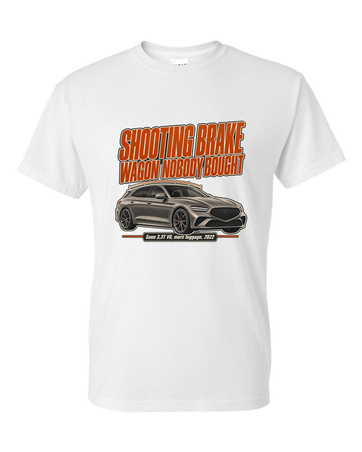 Editorial headline print for the Genesis G70 Shooting Brake reading wagon nobody bought white t-shirt front view with the design
