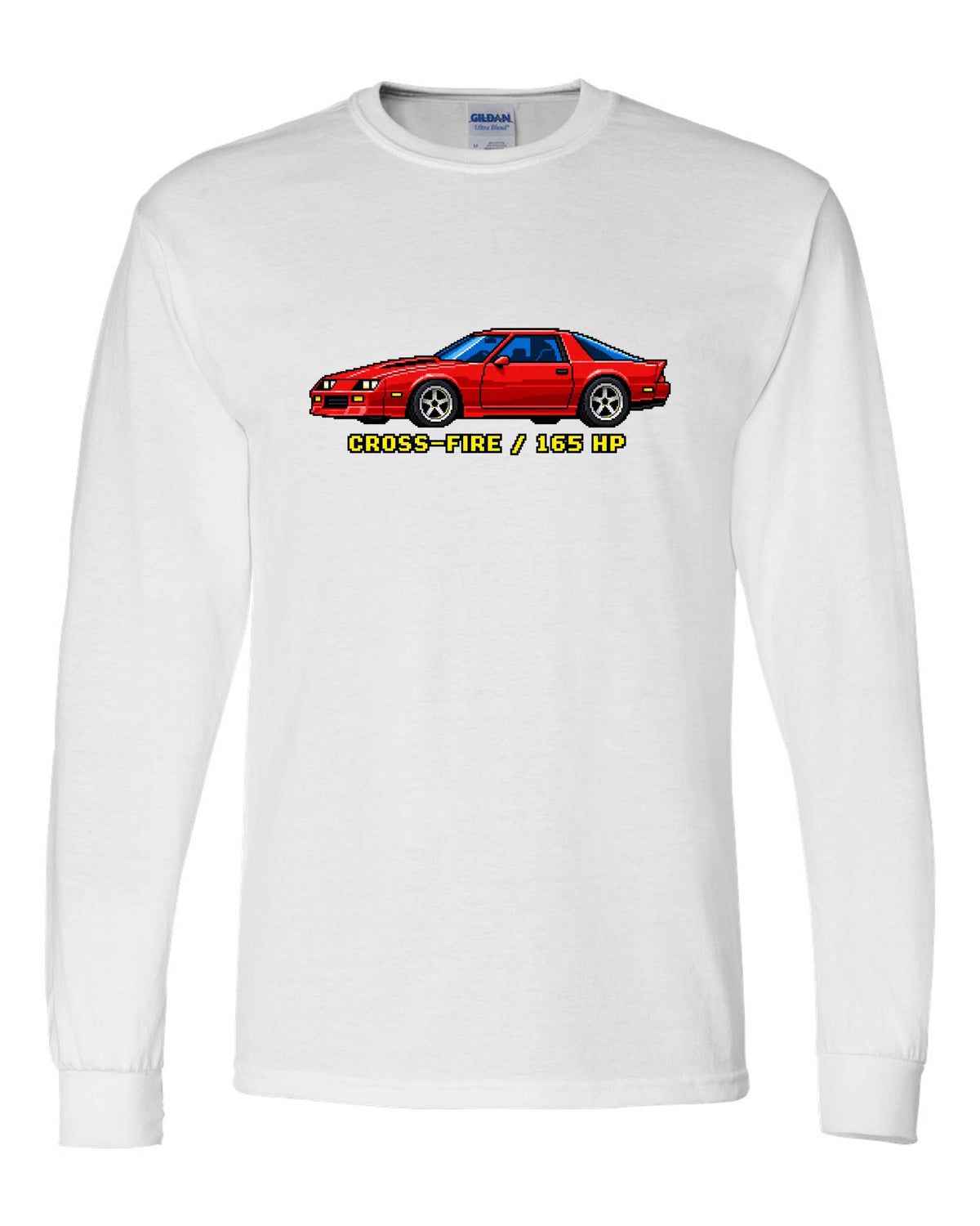 1982 Camaro Z28 third-generation chback in 16-bit pixel art with Cross-Fire 165 HP text white long sleeve front view with the design