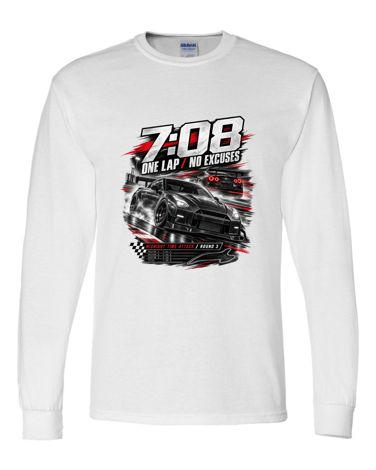 Race poster of a Nismo-style Nissan GT-R R35 with 7:08 one lap and Midnight Time Attack lettering white long sleeve front view with the design
