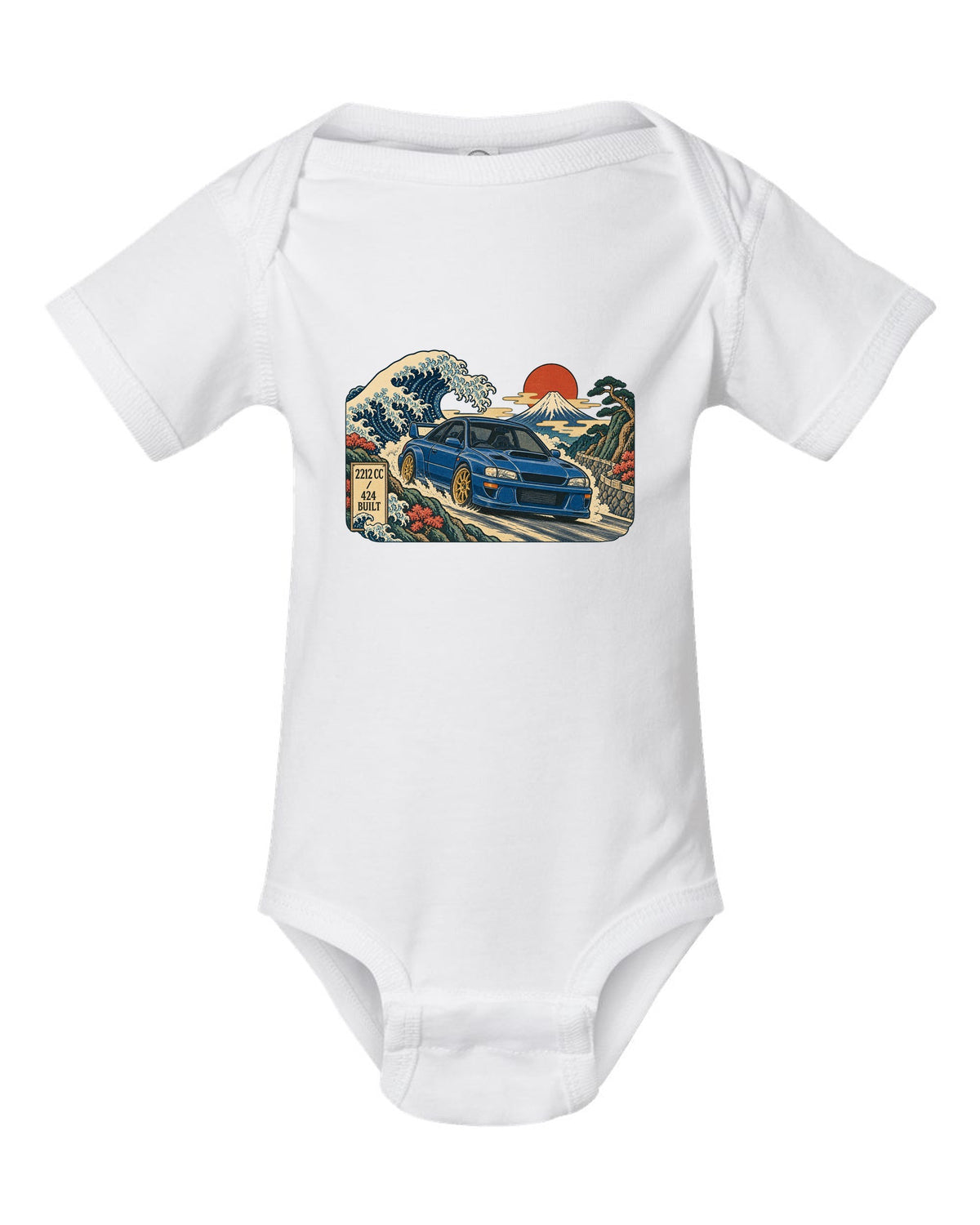 Ukiyo-e woodblock style Subaru Impreza 22B STI in front of a wave white baby onesie front view with the design
