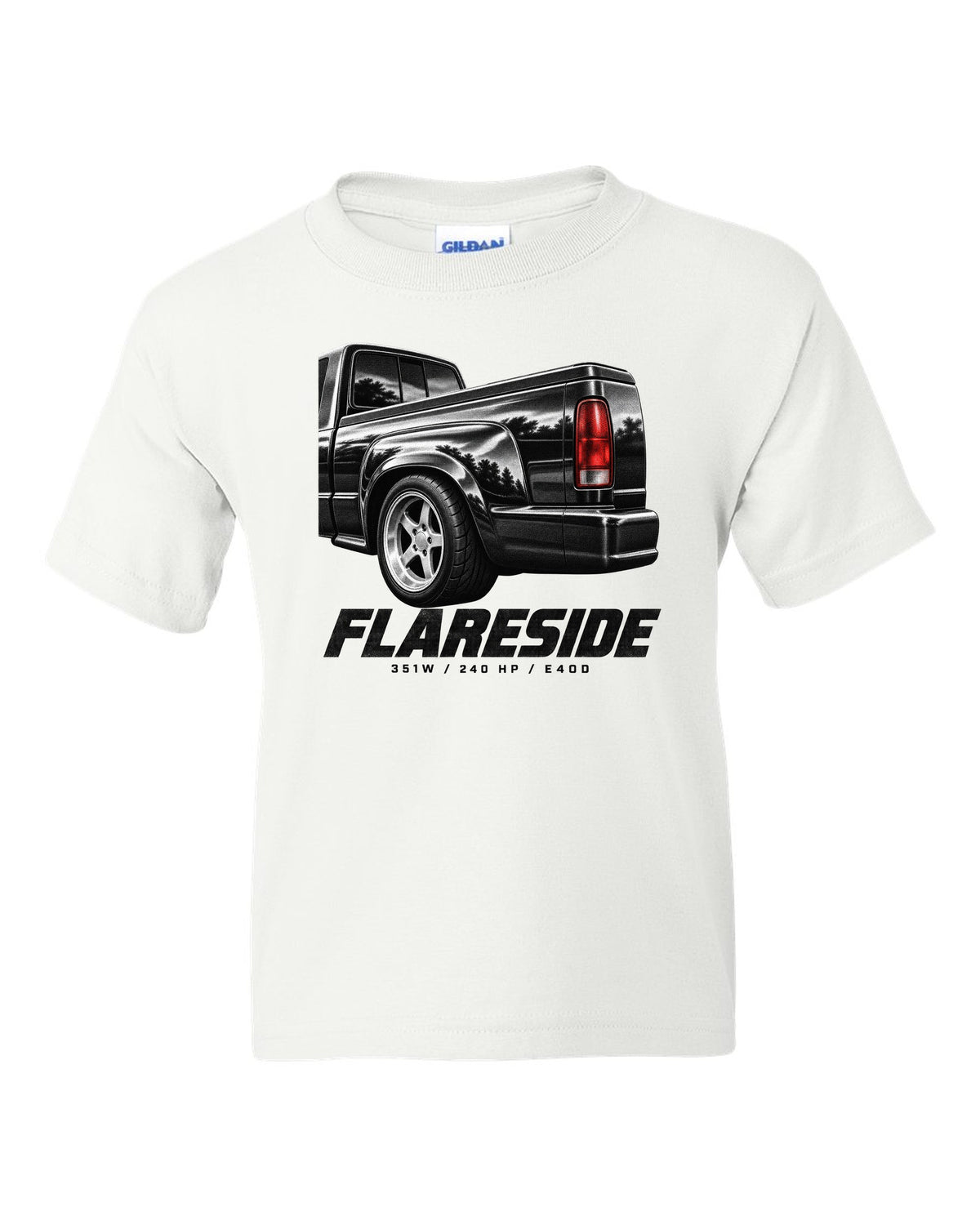Ford F-150 SVT Lightning 1993-95 flareside taillight macro print with 351W and 240 HP white kids tee front view with the design