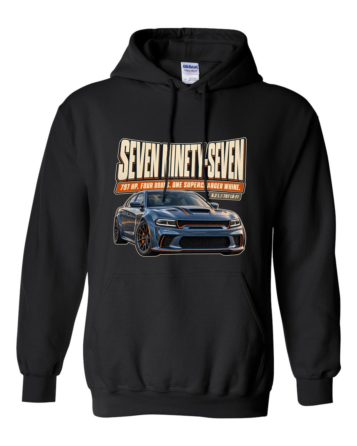 Dodge Charger SRT Hellcat Redeye Widebody editorial headline print black pull over hoodie front view with the design