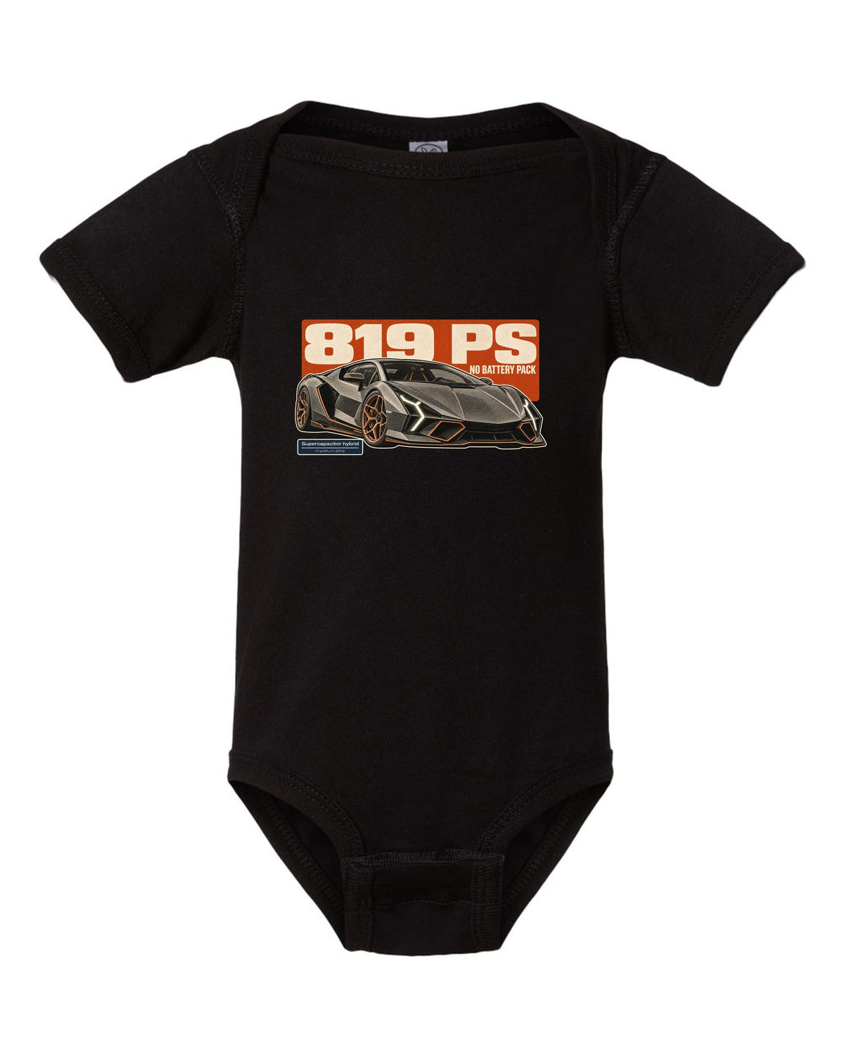 Halftone statement print of the Lamborghini Sian FKP 37 black baby onesie front view with the design