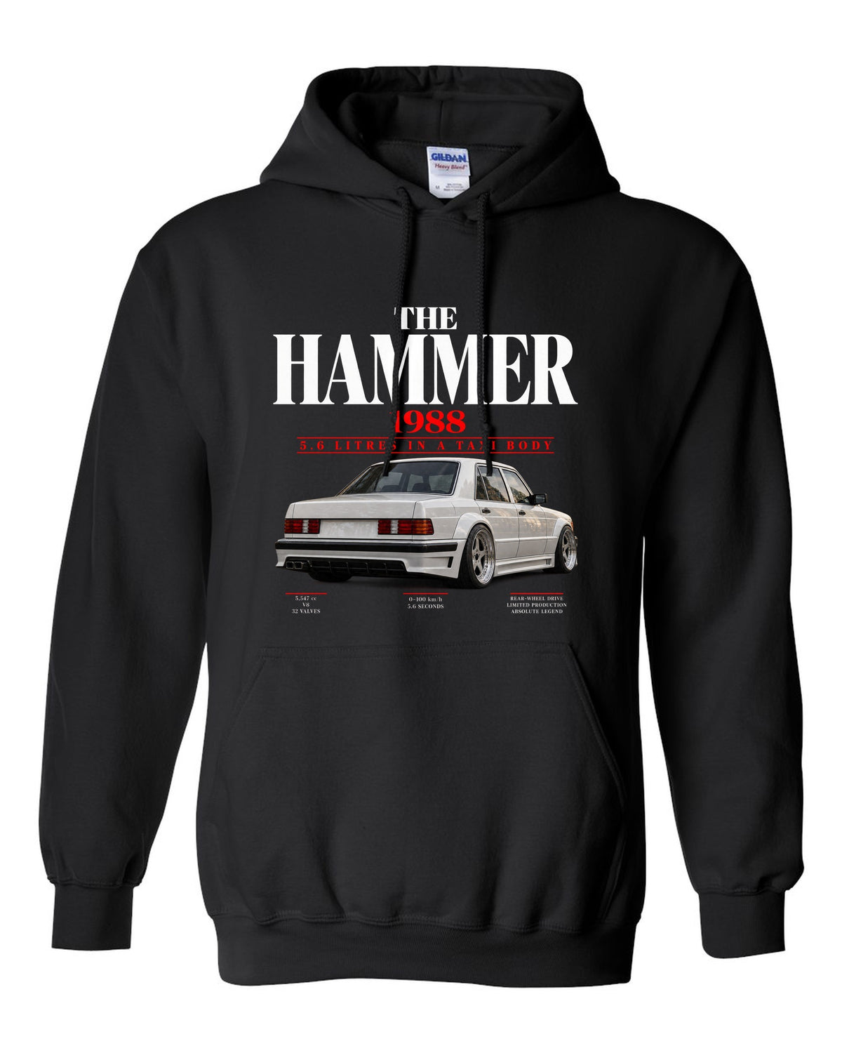 Mercedes 300E 5.6 AMG Hammer W124 editorial print with 1988 headline black pull over hoodie front view with the design
