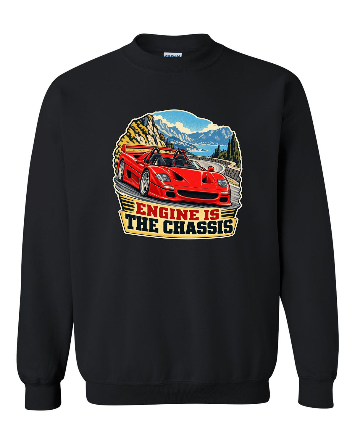 Retro race-programme print of a 1995 Ferrari F50 F130 with roof off on a mountain pass and engine is the chassis text black crewneck front view with the design