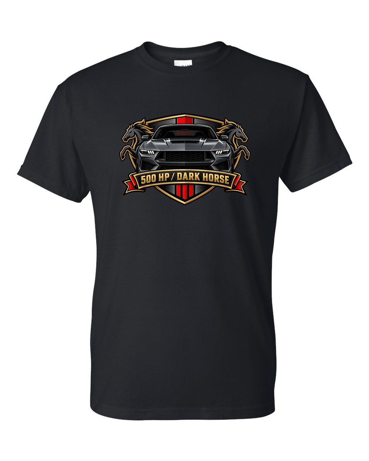 Varsity embroidery-style crest of a 2024 S650 Mustang Dark Horse reading 500 HP black t-shirt front view with the design