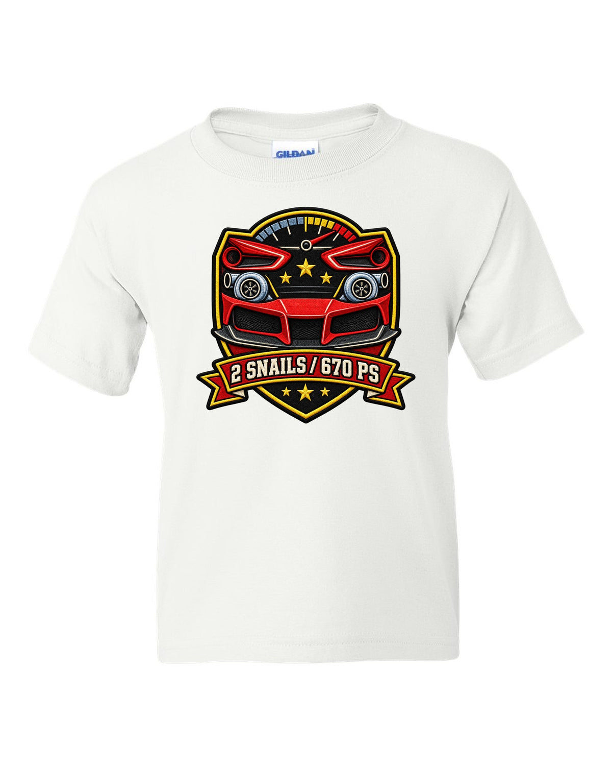 Shield layout for the Ferrari 488 GTB with 2 snails and 670 PS text white kids tee front view with the design