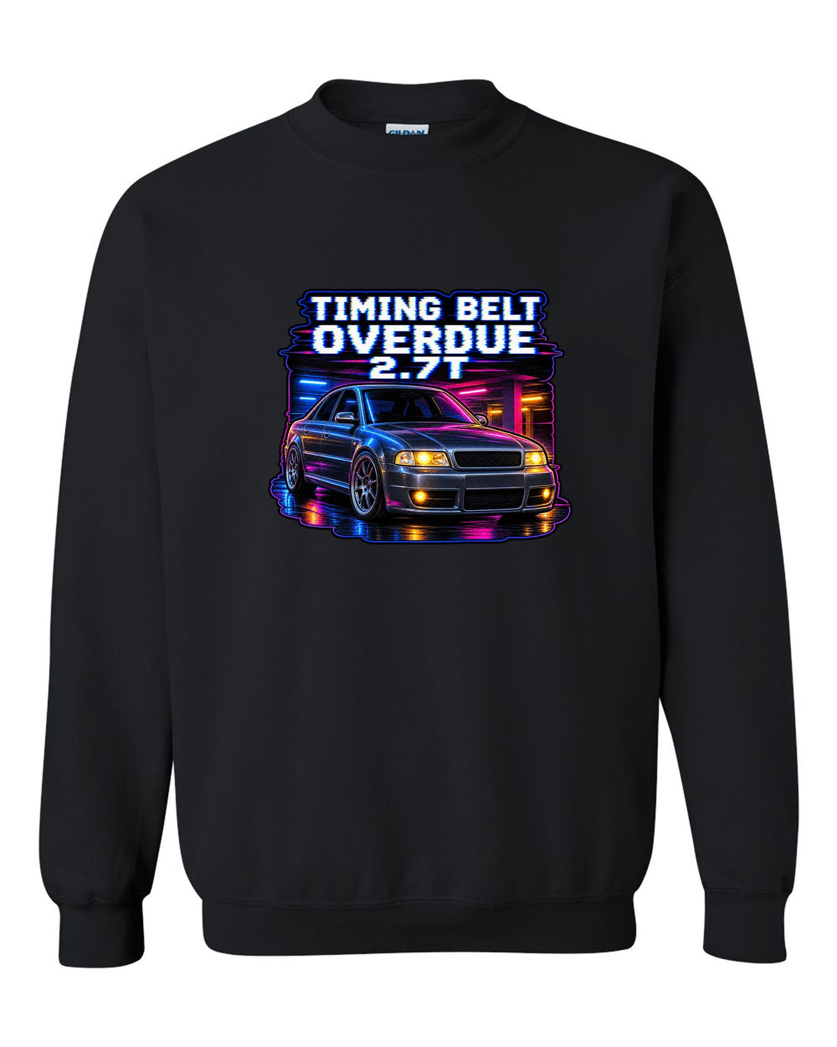 VHS lo-fi print of an Audi S4 B5 with Timing Belt Overdue and 2.7T text black crewneck front view with the design
