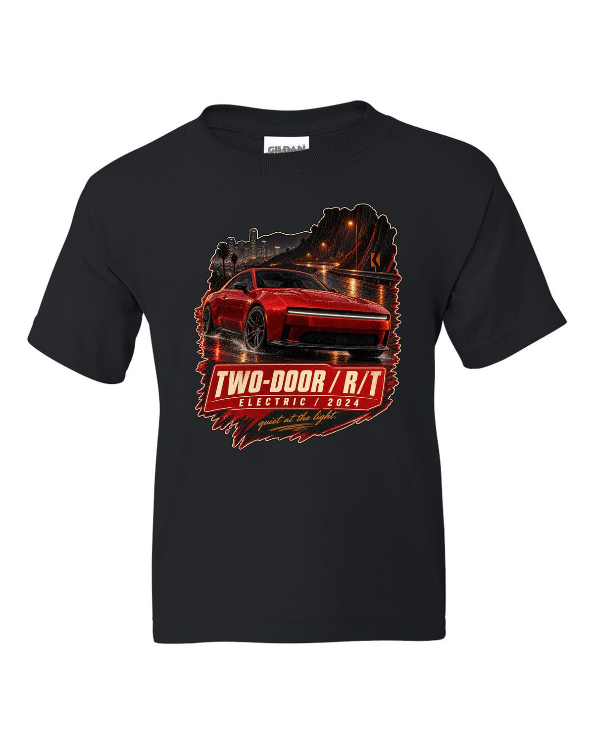 print of a 2024 Dodge Charger Daytona R/T on a night street black kids tee front view with the design