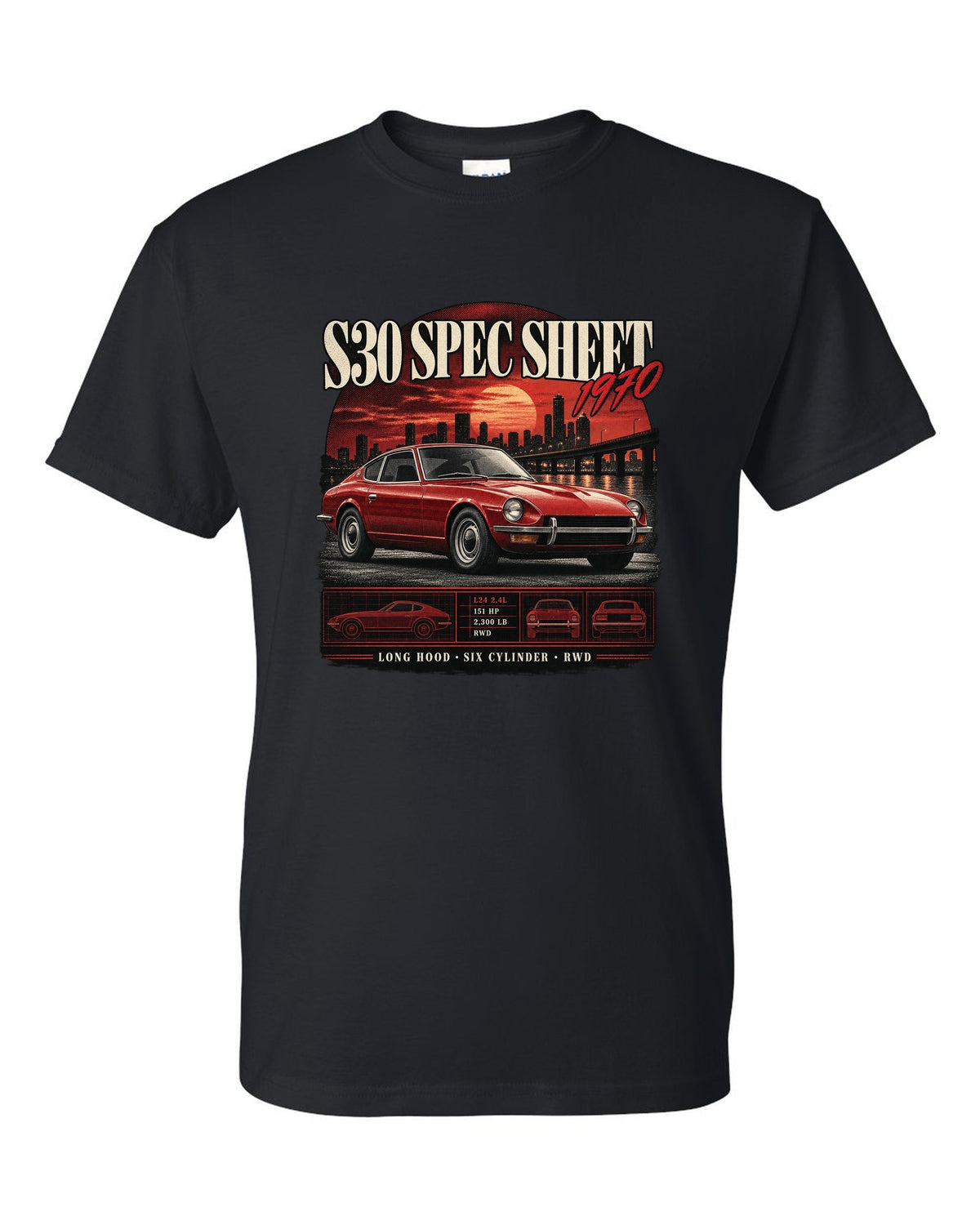 Archive panel spec sheet print of a Datsun 240Z S30 with L24 2.4L 151 HP text black t-shirt front view with the design