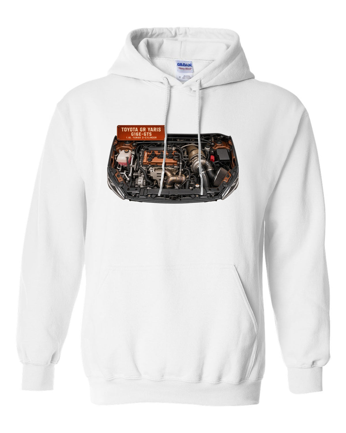 Toyota GR Yaris G16E-GTS three-cylinder turbo engine bay illustration white pull over hoodie front view with the design