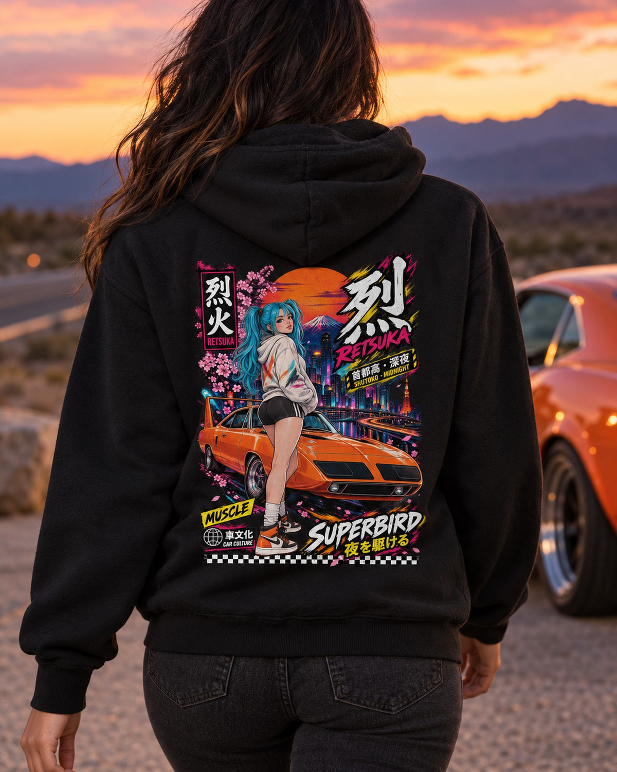 RETSUKA SUPERBIRD Anime Girl Full-Back Graphic Tee Pull Over Hoodie Black worn hero