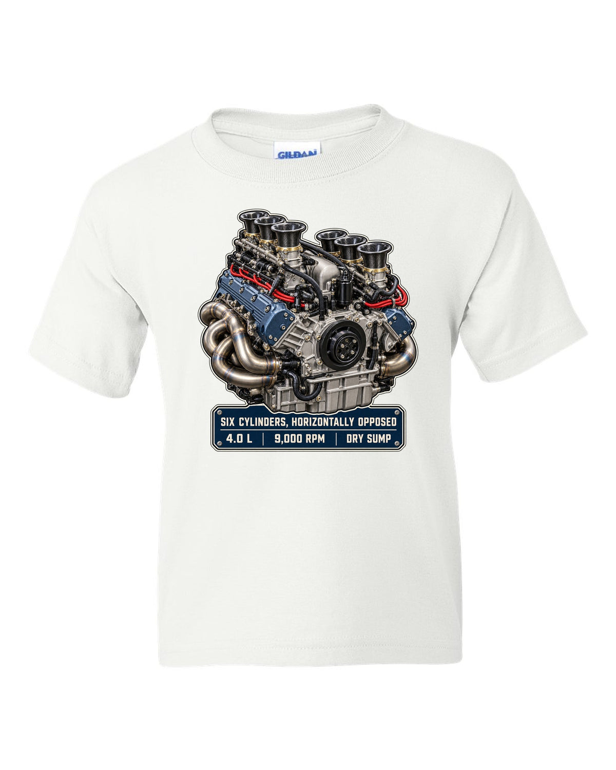 Porsche 992 GT3 RS 4.0 flat-six engine hero print design white kids tee front view with the design
