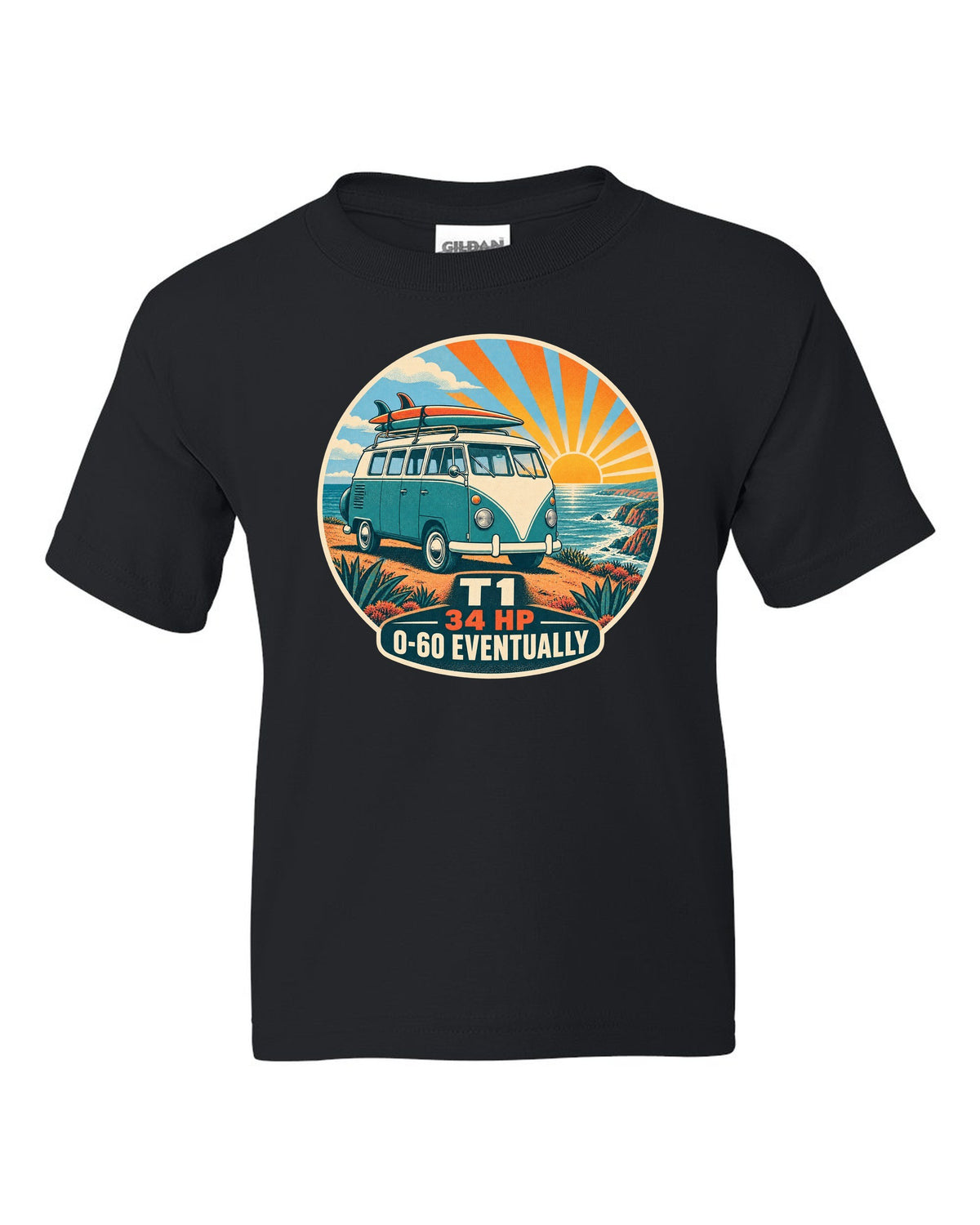 Two-colour silkscreen sunburst print of a 1962 VW Bus T1 split-window with 34 HP lettering black kids tee front view with the design