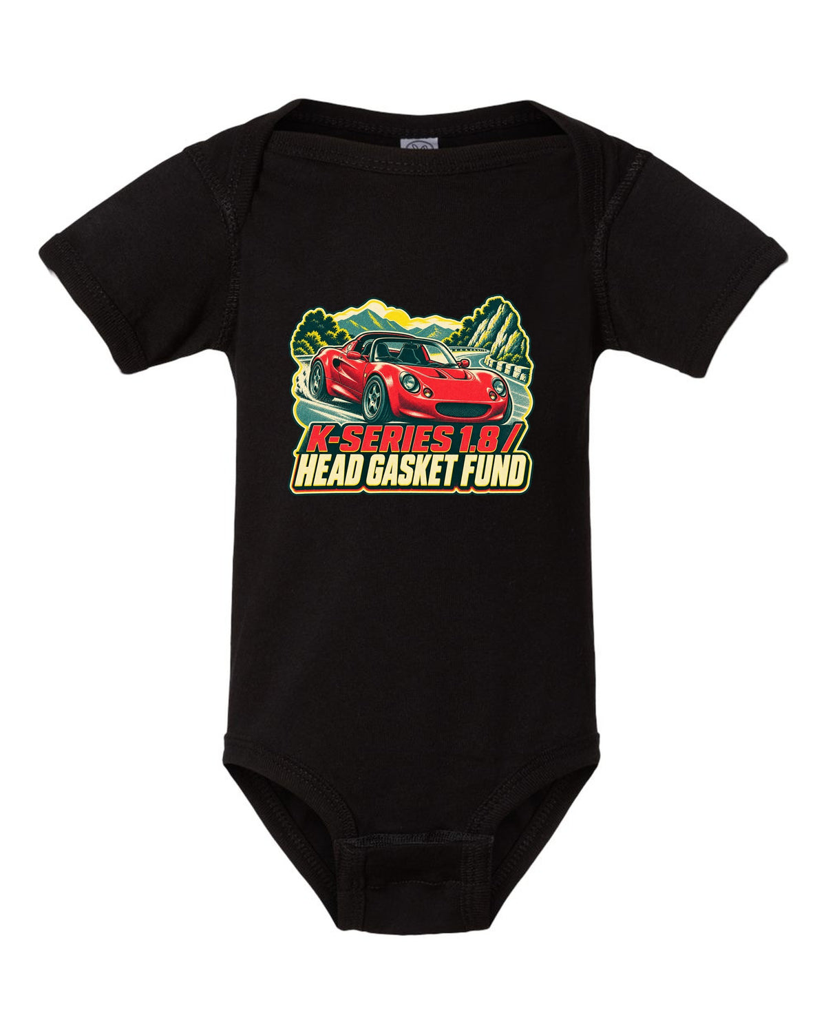 Lotus Elise S1 risograph print with K-Series 1.8 head gasket fund lettering black baby onesie front view with the design
