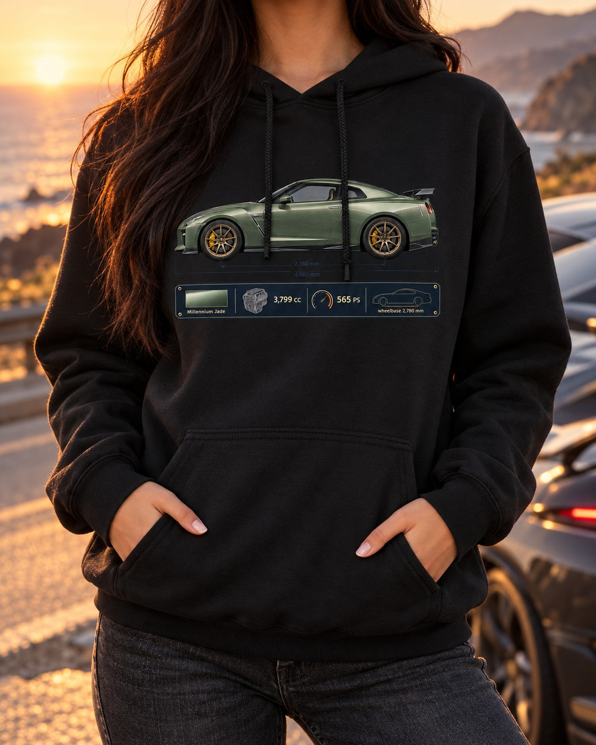 Nissan GT-R R35 T-spec Blueprint Shirt, 2024 Car Guy Tee Pull Over Hoodie Black worn hero