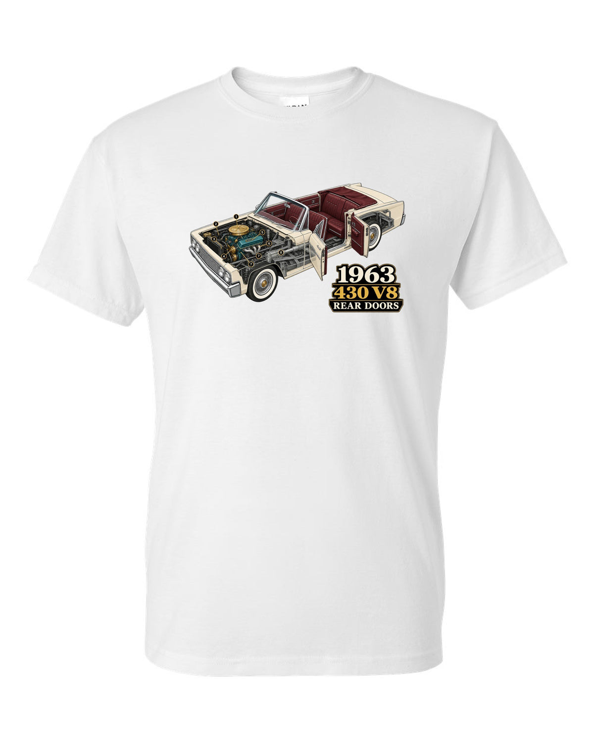 1963 Lincoln Continental four-door convertible isometric cutaway diagram white t-shirt front view with the design