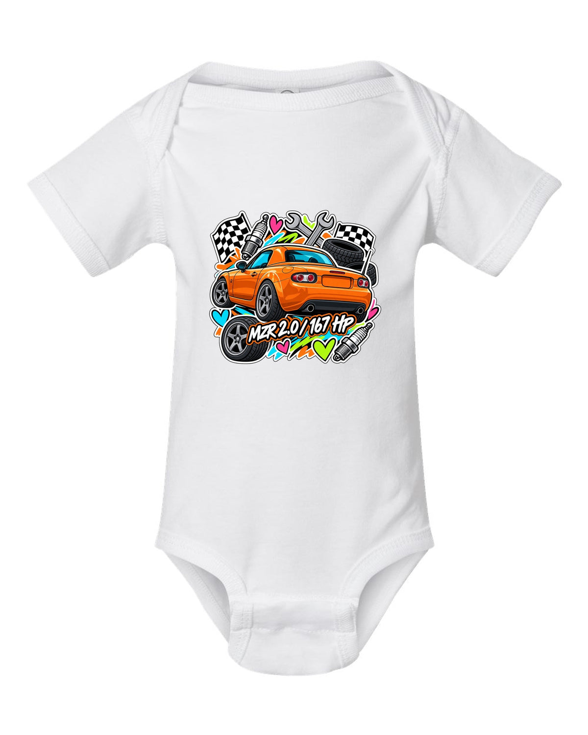 Mazda MX-5 NA6CE Cyanotype Blueprint white baby onesie front view with the design