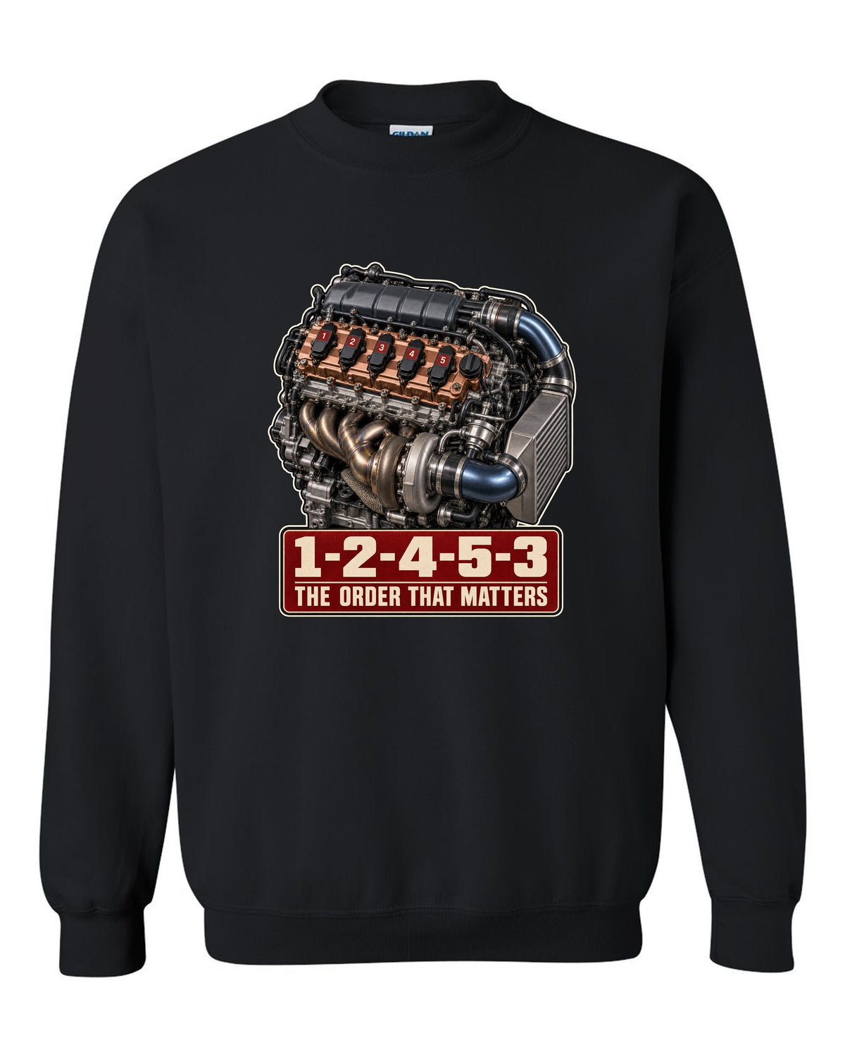 Audi TT RS 8S 2.5 TFSI five-cylinder engine poster with firing order black crewneck front view with the design