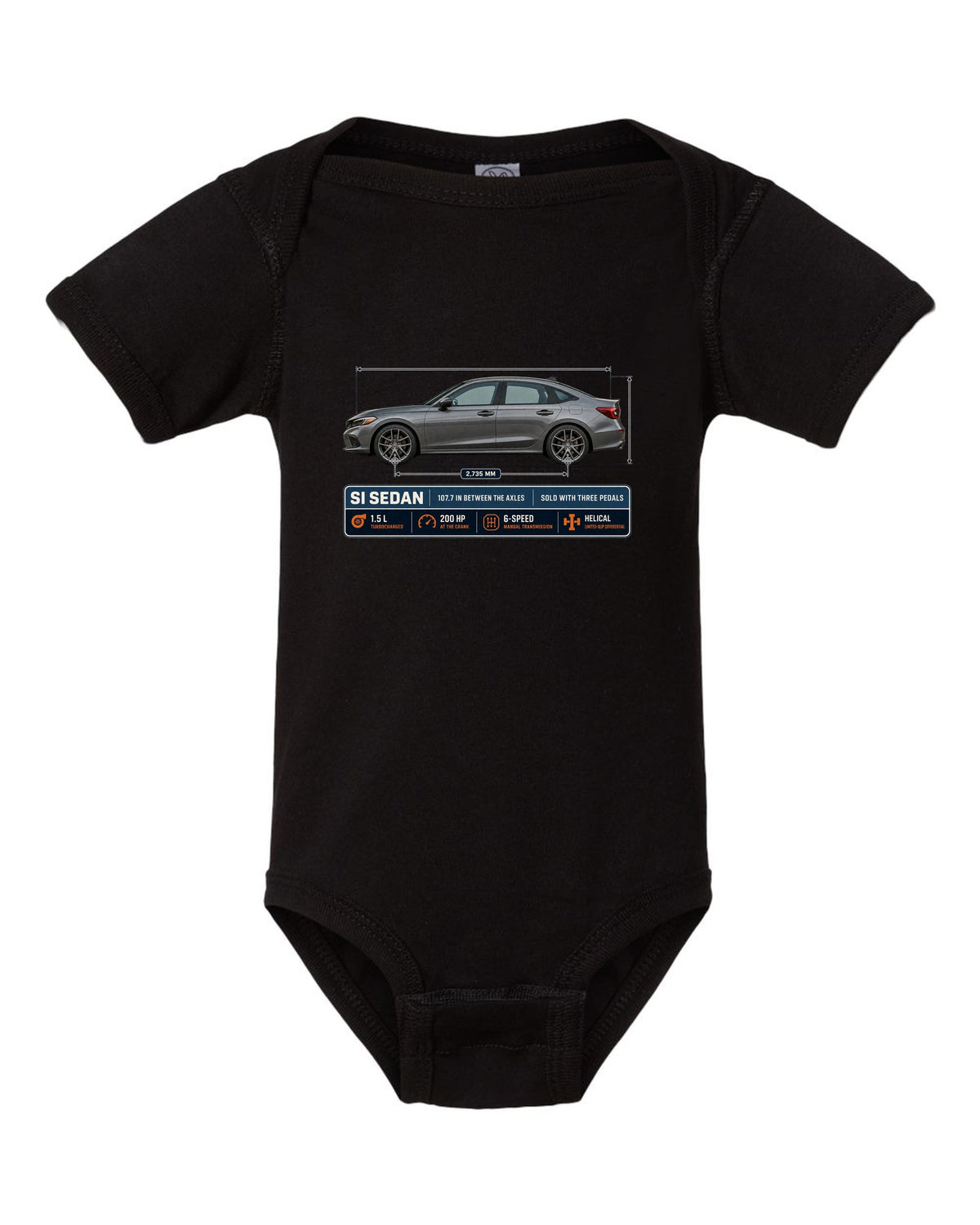 Civic Si FE1 Sedan Dimension Blueprint black baby onesie front view with the design