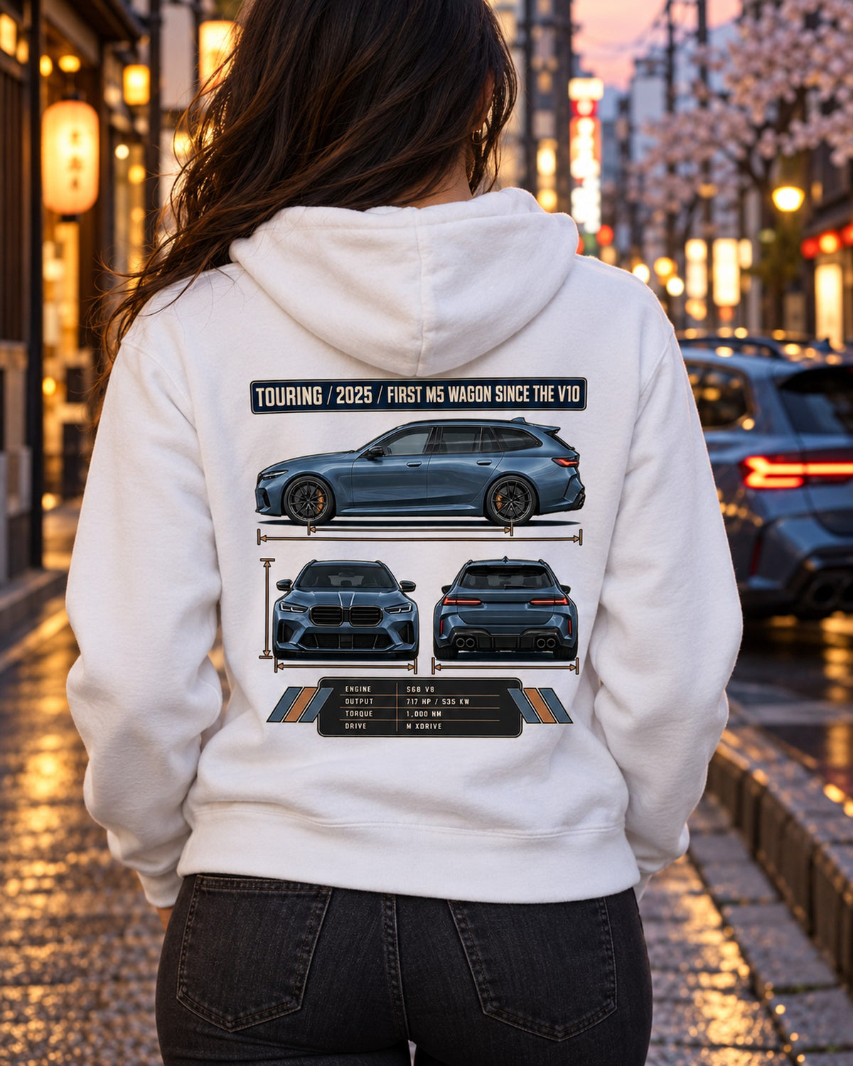 BMW M5 G90 Touring Three-View Tee, First M5 Wagon Since V10 Zip Hoodie White worn hero