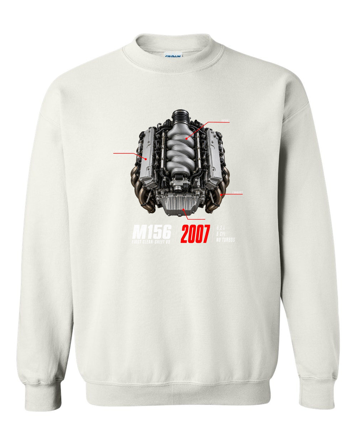 Mercedes C63 AMG W204 M156 V8 engine hero print with first clean-sheet V8 text white crewneck front view with the design
