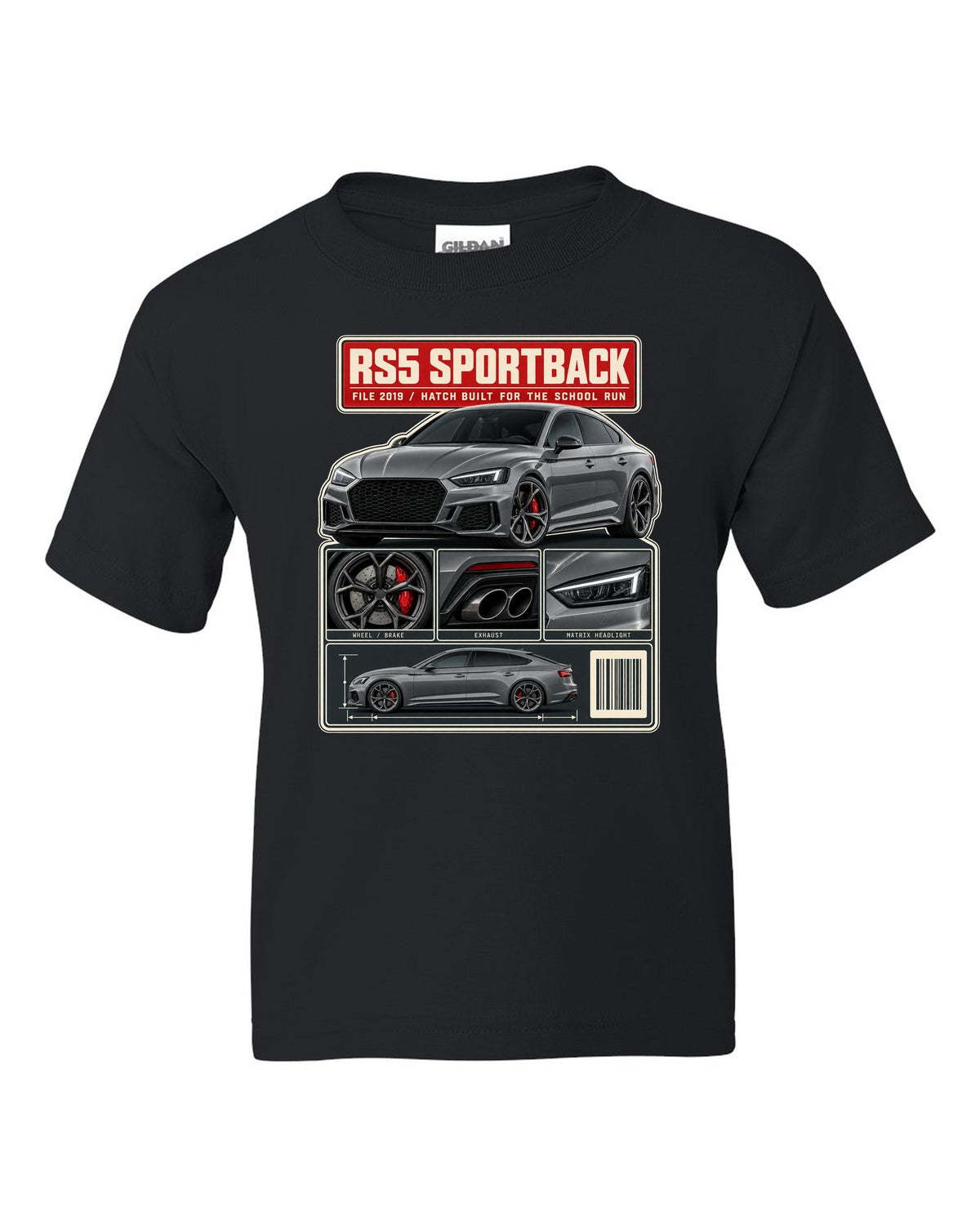 Audi RS5 Sportback B9 dossier panel print design black kids tee front view with the design