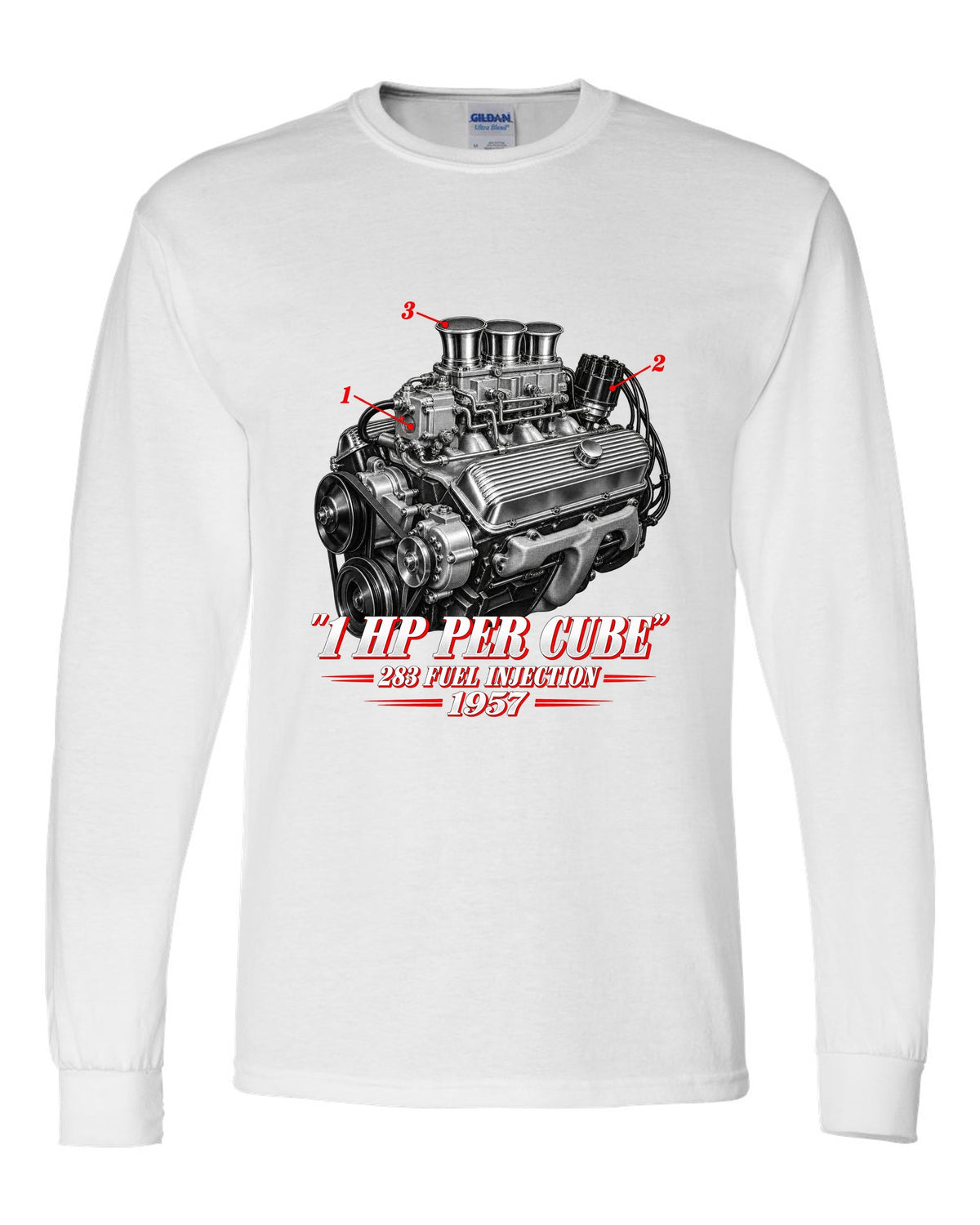 Chevrolet Corvette C1 1957 fuel-injected 283 engine print white long sleeve front view with the design