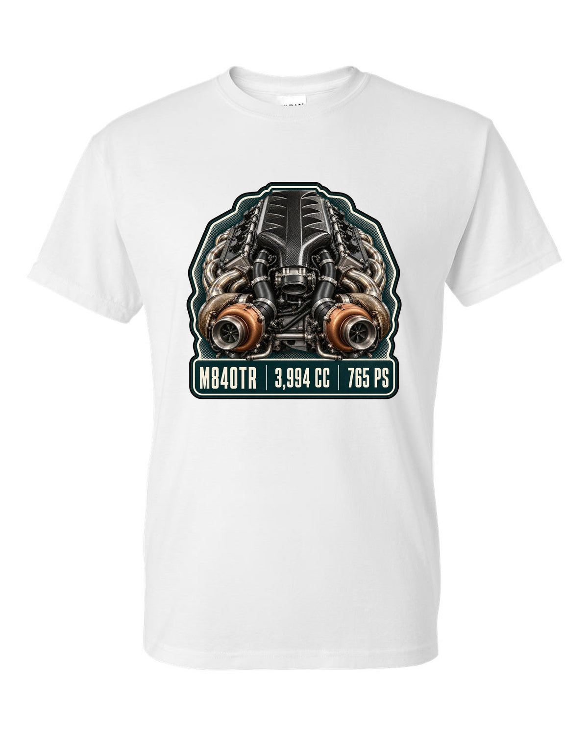 Engine hero print of the McLaren 765LT M840TR V8 white t-shirt front view with the design