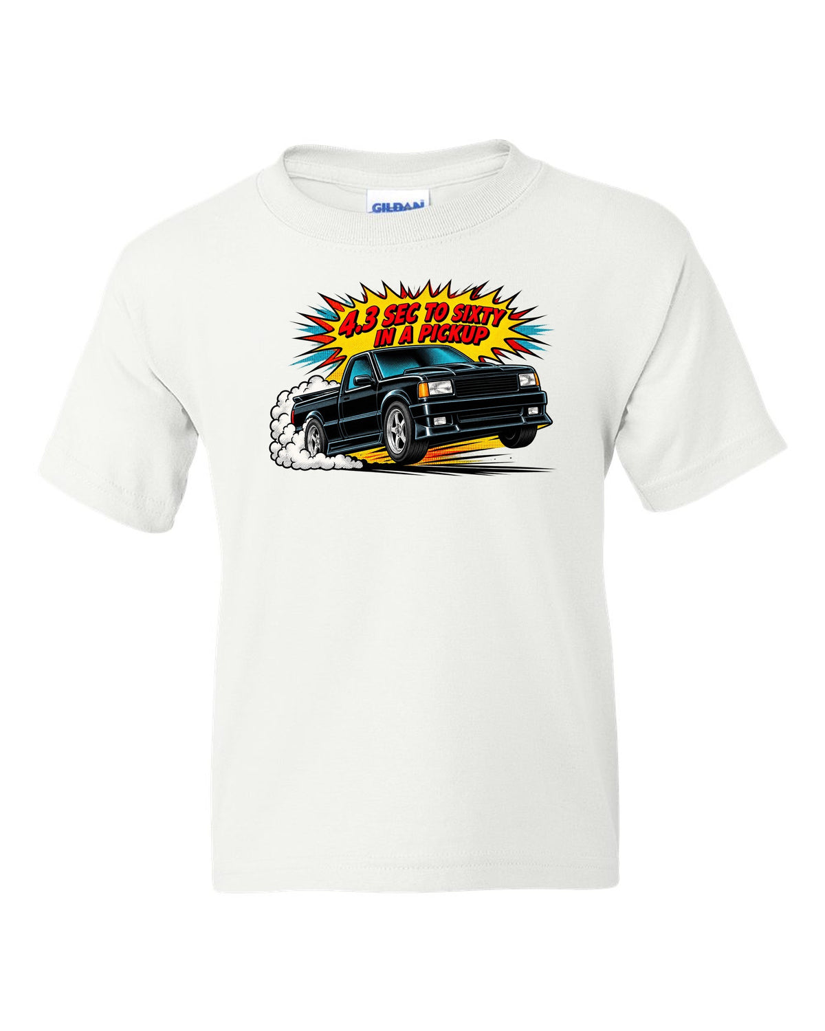 Comic halftone pop-art launch burst print of a 1991 GMC Syclone with 4.3 sec to sixty text white kids tee front view with the design