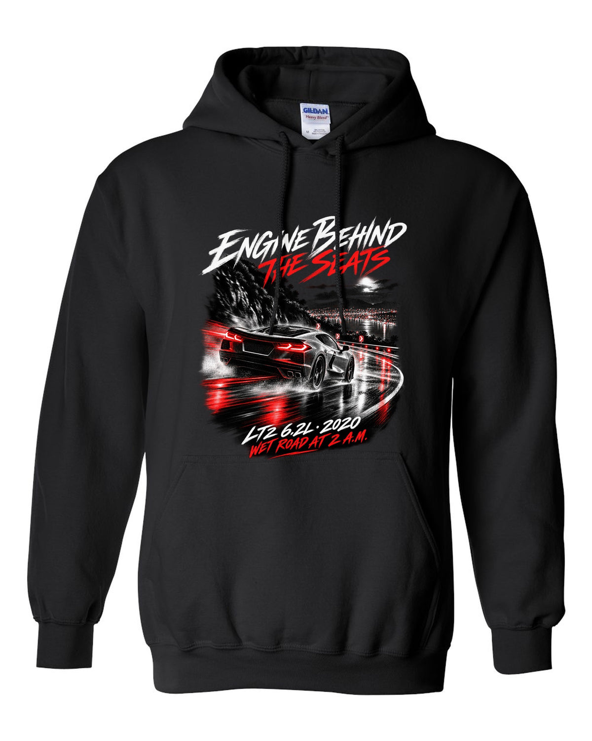 Corvette C8 Stingray driving on a wet road at night black pull over hoodie front view with the design