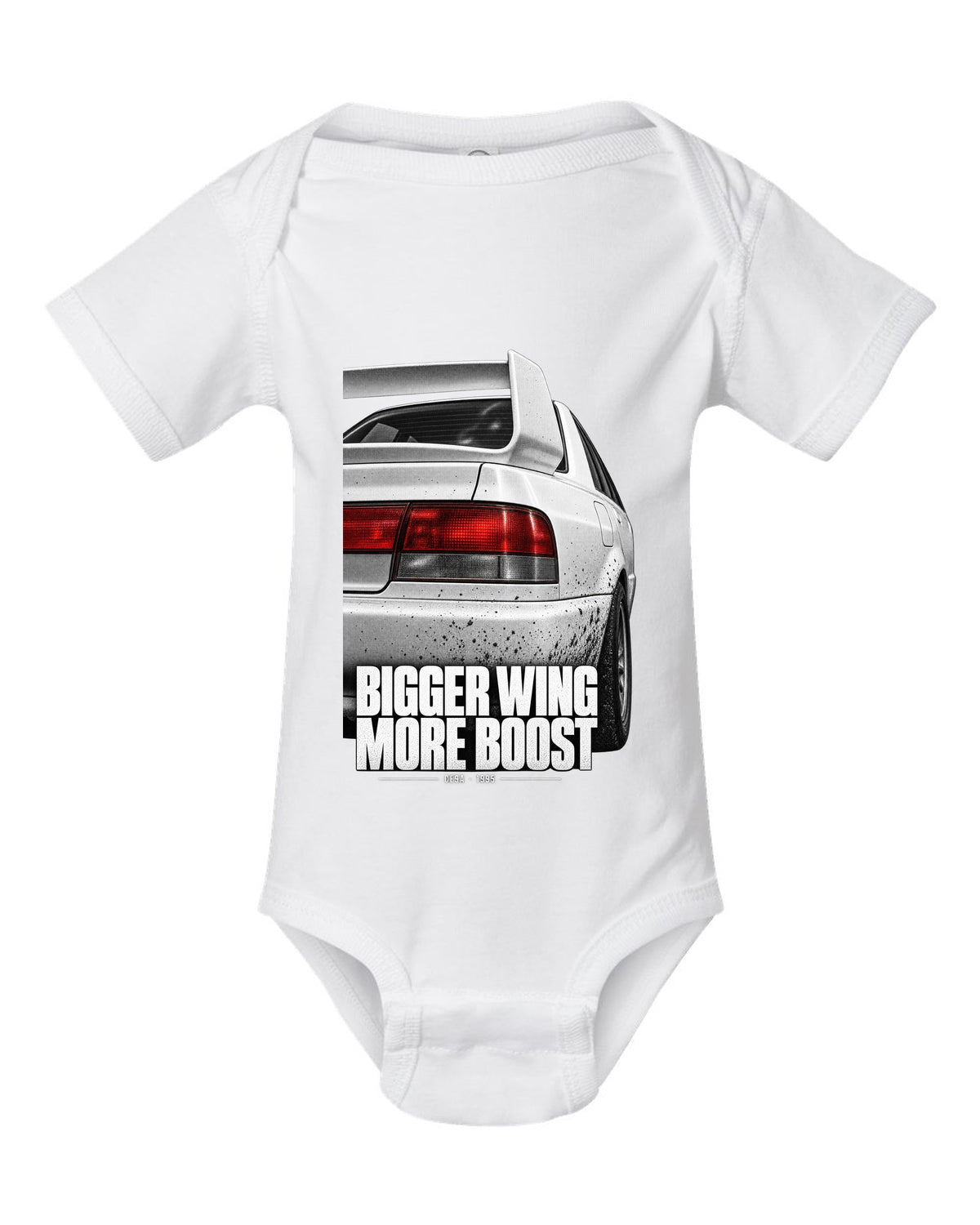 Tail and wing macro print for the Mitsubishi Lancer Evolution III CE9A reading Bigger Wing, More Boost white baby onesie front view with the design