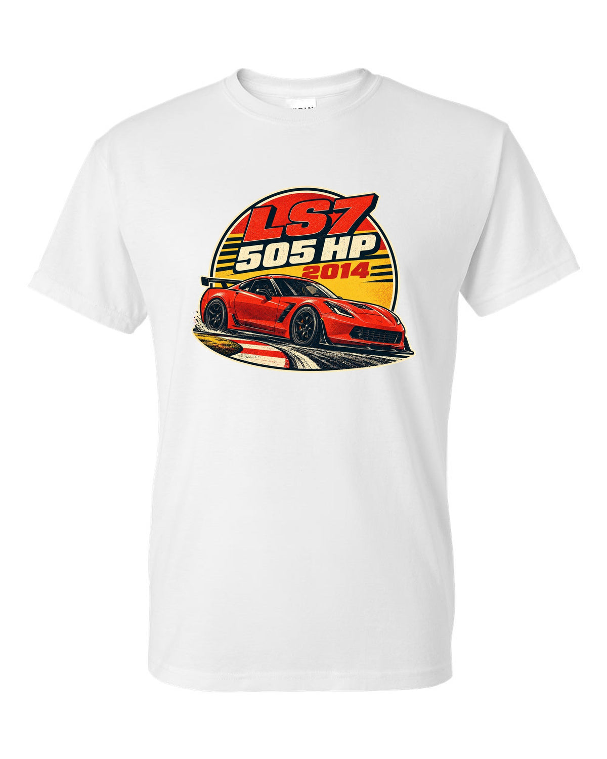 2014 Chevrolet Camaro Z/28 LS7 vintage race poster print with 505 HP text white t-shirt front view with the design